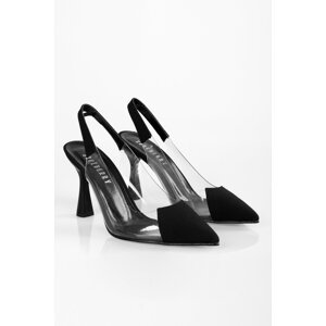 Shoeberry Women's Levi Black Matte Satin Transparent Heeled Shoes Stiletto