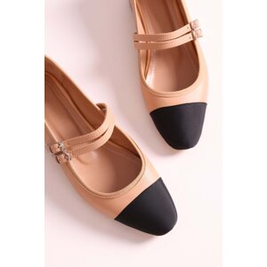 Shoeberry Women's Olidy Nude Two-Colored Belt, Oval Toe Flats with Nude Skin.