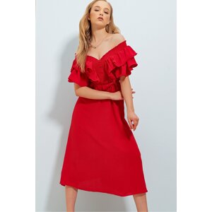 Trend Alaçatı Stili Women's Red Knitted Midi-length Dress with a Gipple and Ruffles Waist Belt