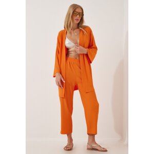 Happiness İstanbul Women's Orange Kimono Pants Knitted Set