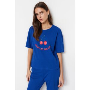 Trendyol Navy Blue 100% Cotton Cherry Printed T-shirt-Pants Knitted Pajamas Set