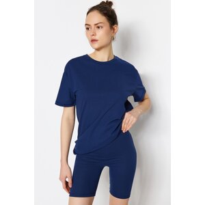 Trendyol námořnicky modré 100% bavlněné tričko - Biker/Krátké legíny pletené pyžamo