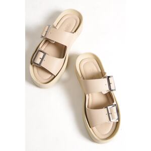 Capone Outfitters Capone Double Strap Belt with Buckle Beige Wedge Heel Women Beige Women's Slippers