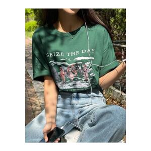 Know Women's Napthi Green Seize The Day Oversized Printed T-shirt.