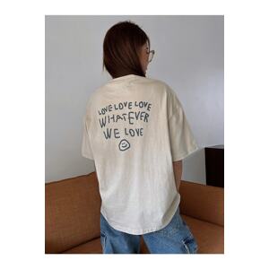 Know Women's Beige Love Love Love Printed Oversized T-shirt.