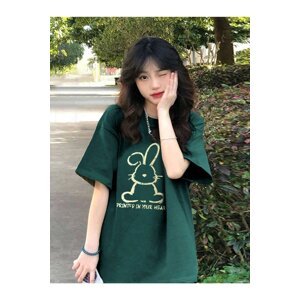 Know Women's Nefti Green Printed Rabbit Print Oversized T-shirt