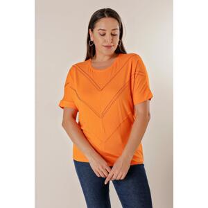 By Saygı Plus Size Blouse with Bat Short Sleeves and Stone Print on the Front.