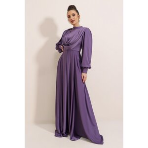 By Saygı Flowing Front Sleeves Button Detailed Lined Long Satin Dress Lilac