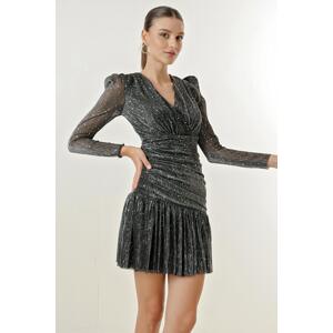 By Saygı Double Breasted Collar Lined Sequin Glittery Tulle Dress