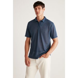 GRIMELANGE Toby Men's Polo Linen Look Tiril Tiril Fabric Navy Blue Polo Collar T-shirt
