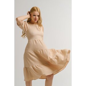 armonika Women's Beige Open-Cut Midi Length Dress with a Belted Waist