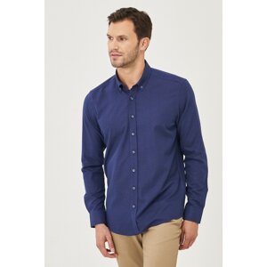 AC&Co / Altınyıldız Classics Men's Navy Blue Slim Fit Buttoned Collar Linen Look 100% Cotton Flared Shirt