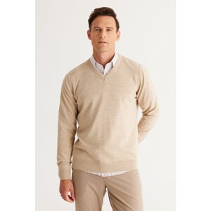 ALTINYILDIZ CLASSICS Men's Beige Standard Fit Normal Cut V-Neck Knitwear Sweater