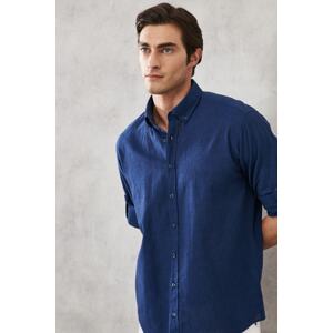AC&Co / Altınyıldız Classics Men's Indigo Comfort Fit Relaxed Cut Buttoned Collar Casual Linen Shirt