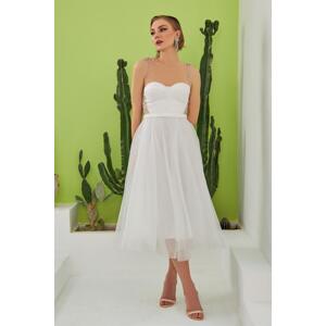 Carmen Ecru Tulle Strap Princess Midi Promise And Wedding Dress