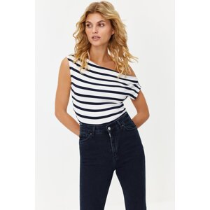 Trendyol Navy Blue Striped Boat Neck Fitted Flexible Knitted Blouse with Viscous/Soft Fabric