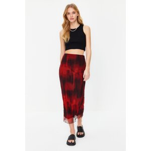 Trendyol Red Printed Wrinkled Look Elastic Waist Lined Tulle Maxi Stretch Knitted Skirt