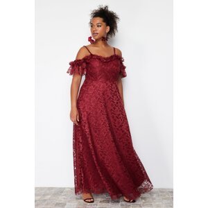 Trendyol Curve Burgundy Plus Size Strap A-Line Lace Maxi Evening Dress