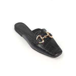 Capone Outfitters Capone Short Toe Women's Black Slippers with Metal Accessory Crocodile Pattern