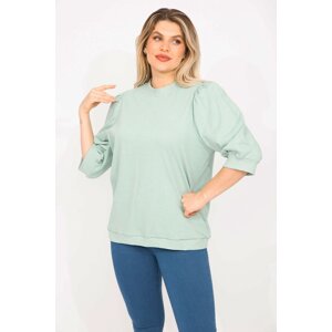 Şans Women's Large Size Green Scalloped Capri Sleeves Sweatshirt