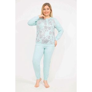 Şans Women's Green Plus Size Cotton Blouse, Pants and Pajamas Set
