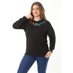 Şans Women's Plus Size Black Sweatshirt with Embroidery Detail on the Collar and Sleeves