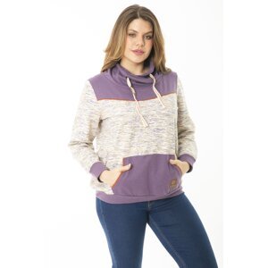 Şans Women's Plus Size Purple Eyelet Lace-Up And Ornamental Button Detail Kangaroo Pocket Stand-Up Collar Sweatshirt