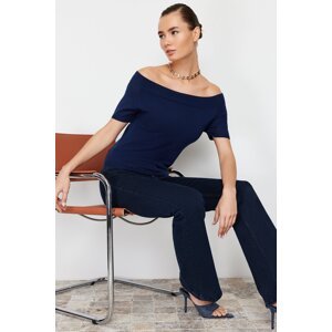 Trendyol Navy Blue Premium/Special Thread Carmen Collar Knitwear Sweater