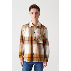 Avva Men's Mustard Check Classic Collar Overshirt with Pockets and Snap Fastener Coat