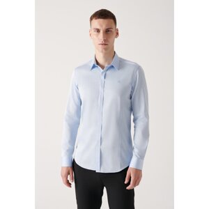 Avva Men's Blue 100% Cotton Satin Shirt with Concealed Pop, Slim Fit Slim Fit Shirt