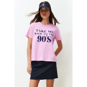 Trendyol Pink 100% Cotton Crew Neck Printed Regular/Regular Fit Knitted T-Shirt