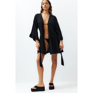 Trendyol Black Belted Mini Woven Frilly Kimono & Kaftan