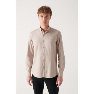 Avva Men's Beige Oxford 100% Cotton Buttoned Collar Regular Fit Shirt