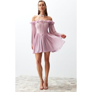 Trendyol Pale Pink Waist Opening/Skater Lined Flounce Chiffon Elegant Evening Dress