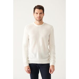 Avva Men's White Crew Neck Herringbone Patterned Regular Fit Knitwear Sweater