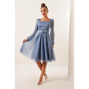 By Saygı Square Neck Belted Balloon Sleeve Lined Lurex Dress
