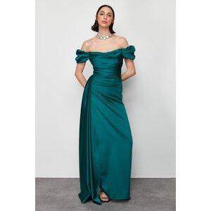 Trendyol Emerald Green Satin Degaje Collar Long Evening Dress