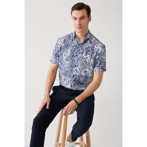 Avva Men's Navy Blue Viscose Bottom Button Collar Abstract Patterned Short Sleeve Regular Fit Shirt