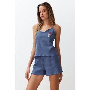Trendyol Blue Cotton Textured Embroidered Rope Strap Knitted Pajama Set