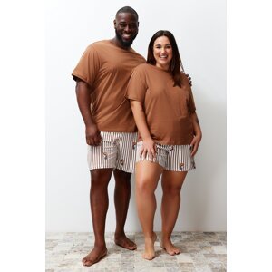 Trendyol Brown Regular Fit Teddy Bear Printed Couple Knitted Plus Size Pajama Set with Shorts