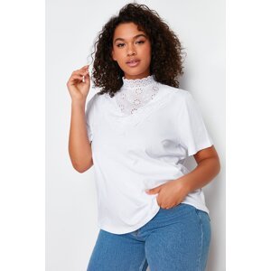 Trendyol Curve White Embroidered High Neck Basic Fit Cotton Knitted Blouse