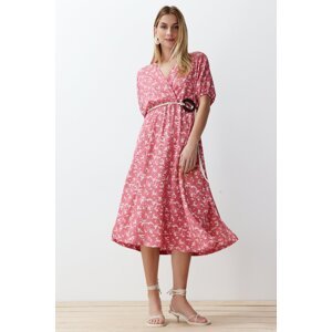 Trendyol Pink Printed Accessory Belt Detailed Gathered Elastic Knitted Maxi Dress