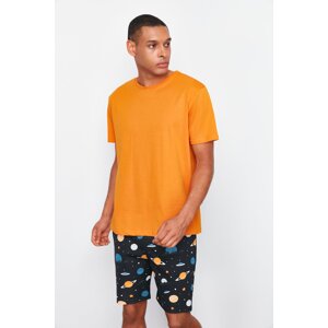 Trendyol Orange Regular Fit Printed Knitted Pajama Set with Shorts