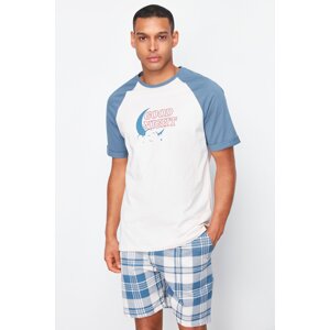 Trendyol Navy Blue - Ecru Regular Fit Plaid Patterned Knitted Shorts Pajamas Set