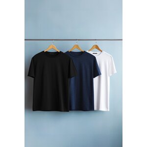 Trendyol Black-Navy Blue-White Large Size 3-Pack Regular/Normal Cut 100% Cotton T-Shirt