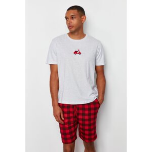 Trendyol Gray - Red Regular Fit Plaid Embroidered Knitted Pajama Set with Shorts