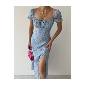 Laluvia Blue Floral Print Slit Dress