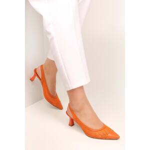 Shoeberry Women's Rella Orange Mesh Stiletto Heel Shoes