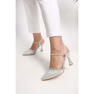 Shoeberry Women's Avril Silver Glittery Stone Heeled Shoes