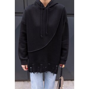 Laluvia Black Front Knitwear Detailed Hooded Sweat